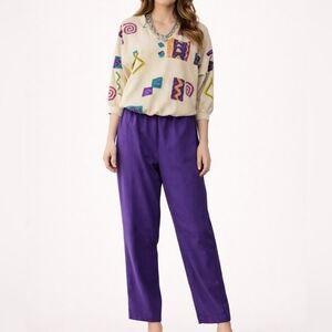 Vtg 1980s KORET Purple Aztec Lounge Swishy Track Festival Pant Suit